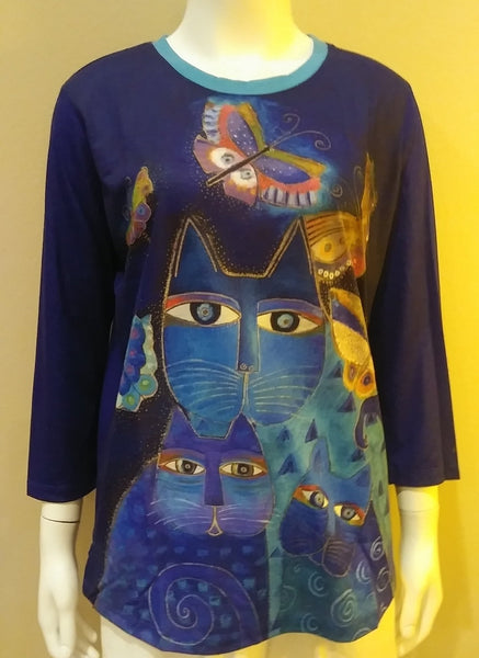 Laurel Burch Indigo Cats 3/4 Sleeve Artistic Top
