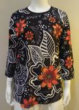 Laurel Burch White on Black Floral Artistic Top