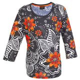 Laurel Burch White on Black Floral Artistic Top
