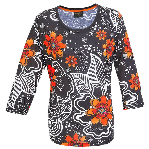 Laurel Burch White on Black Floral Artistic Top