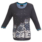 Laurel Burch Polka Dot Cats 3/4 Sleeve Artistic Top